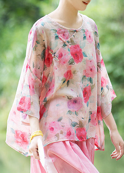 Natural Pink O Neck Print Chinese Button Linen Shirt Summer