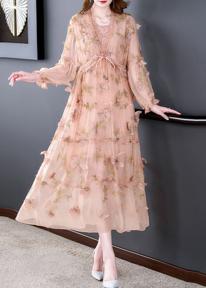 Art Pink Butterfly Lace Up Lace Patchwork Silk Long Dresses Spring
