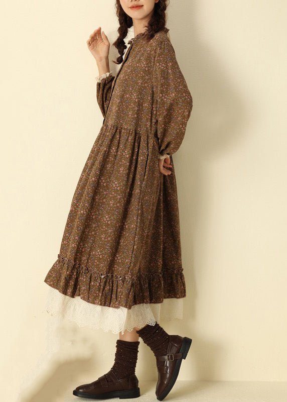 Coffee Ruffled Print Cotton Long Dresses Spring