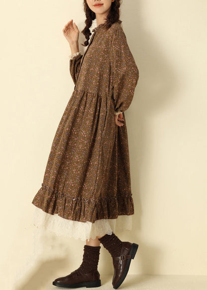Coffee Ruffled Print Cotton Long Dresses Spring