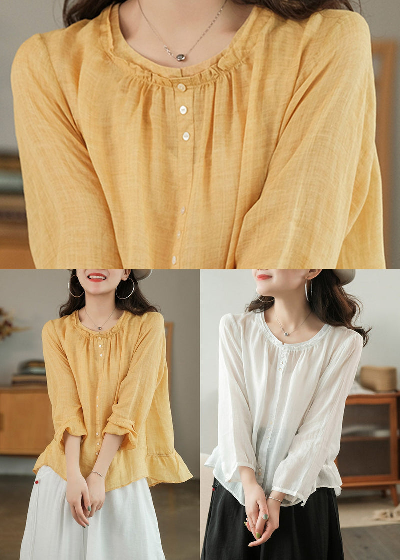 Modern Yellow O-neck Button Linen Shirt Tops Three Quarter Sleeve