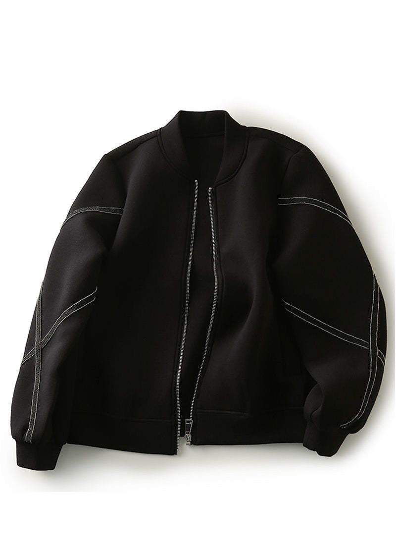 Black Stand Collar Oversized Cotton Jackets Fall