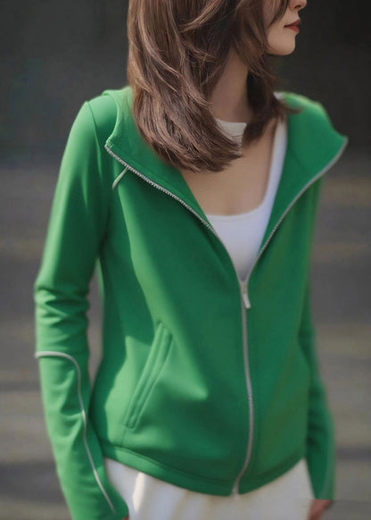 Green Zip Up Pockets Cotton Hoodie Coat Fall