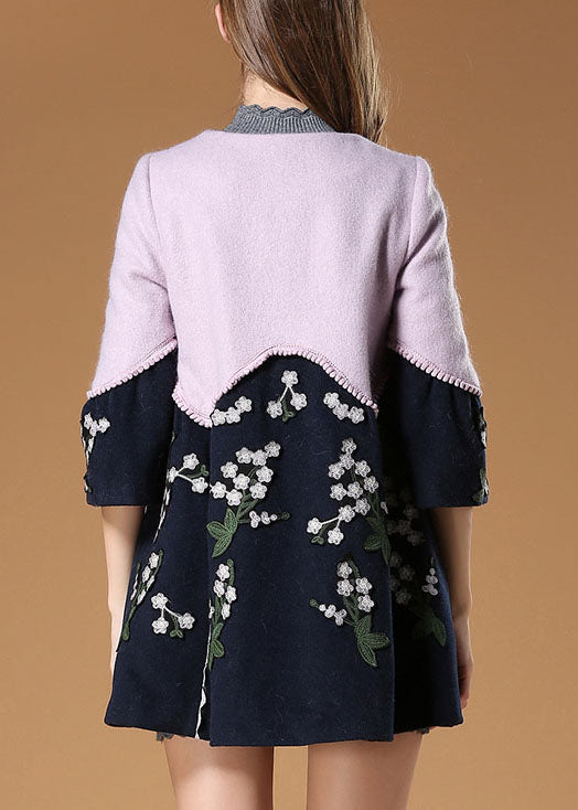 Purple Patchwork Embroideried Fall Woolen Coat
