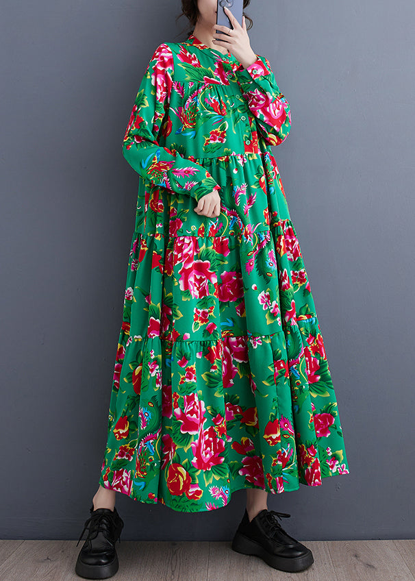 Red Stand Collar Patchwork Wrinkled Maxi Dresses Long Sleeve Spring