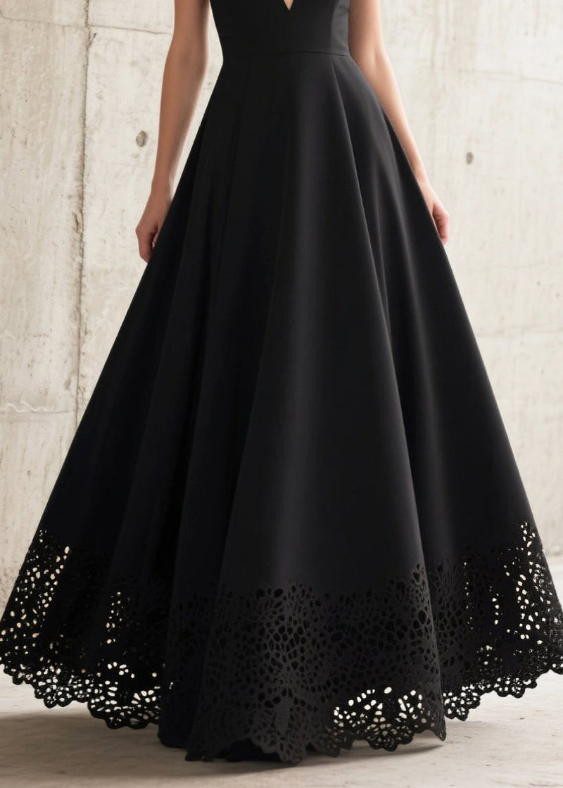 French Black Deep-v Neck Hollow Out Chiffon Long Dresses Summer
