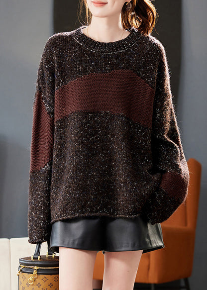 Coffee O Neck Cozy Patchwork Knit Sweater Winter
