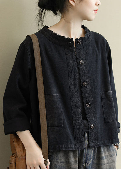 Black Button Embroidered Fall Denim Coat