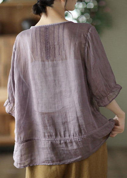 Purple O-neck Patchwork Button Linen Shirt Half Sleeve