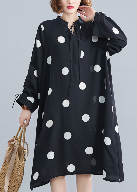 Black Dot Lace Up Patchwork Chiffon Dresses Fall
