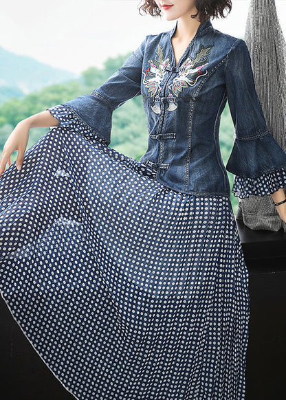 Art Blue Stand Collar Embroideried Denim Coats Flare Sleeve and Dot Print Chiffon Skirts Two Piece Set Clothing
