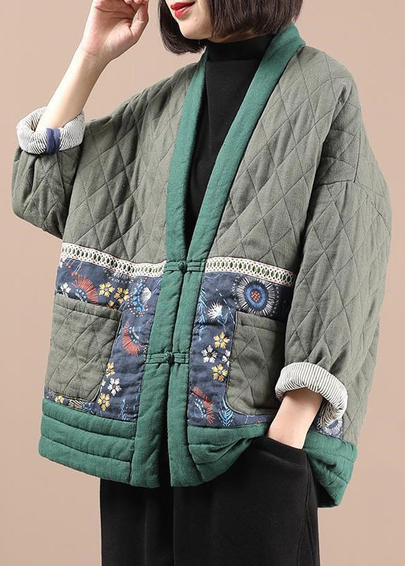Green V Neck Pockets Fine Cotton Filled Jacket Winter