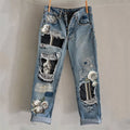 Comstylish Halloween Skeleton Anatomy White Roses Distressed Washed Jeans