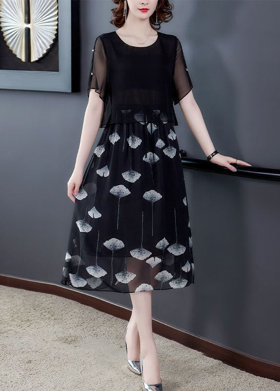 Black Hollow Out Patchwork Silk Fake Two Piece Dress Summer