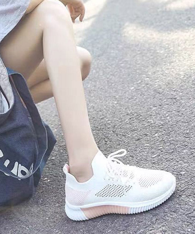 White Pink Knit Fabric Lace Up Flats Shoes