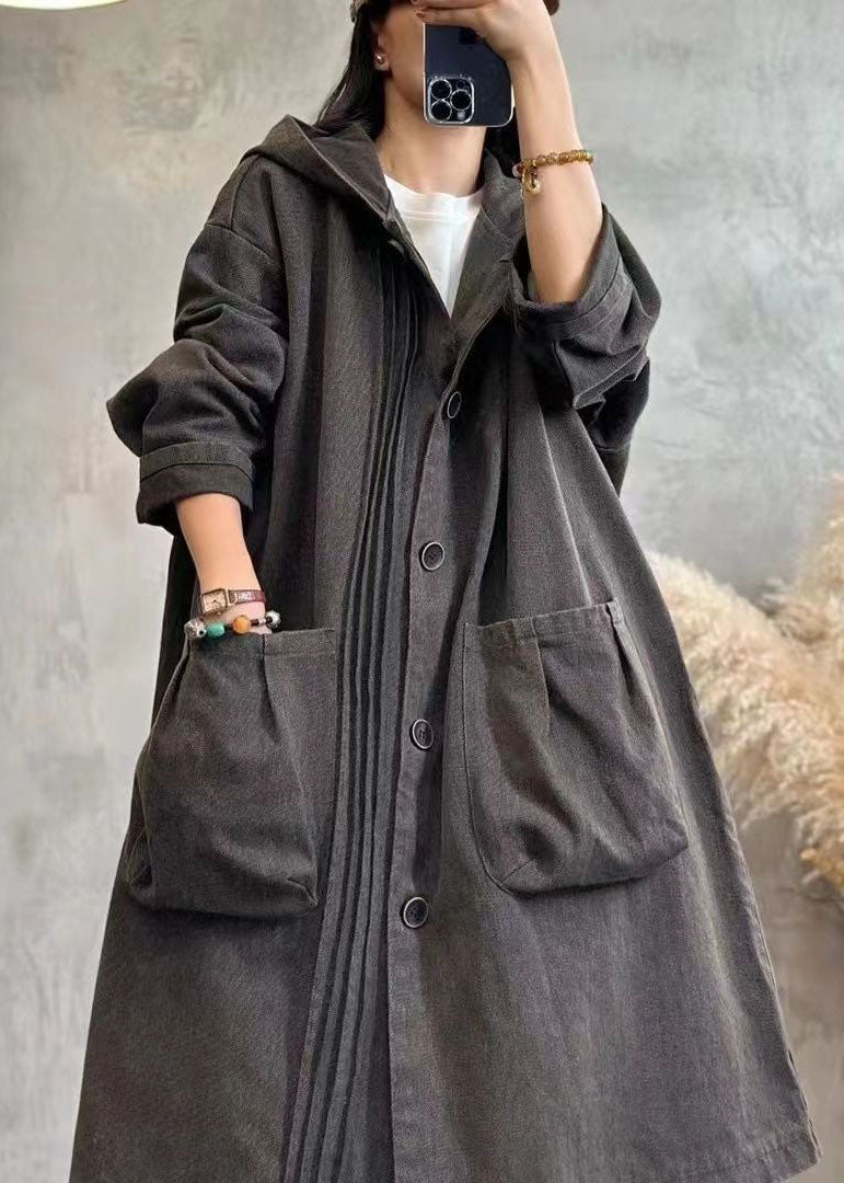 Black Wrinkled Patchwork Button Hooded Denim Trench Coats Long Sleeve