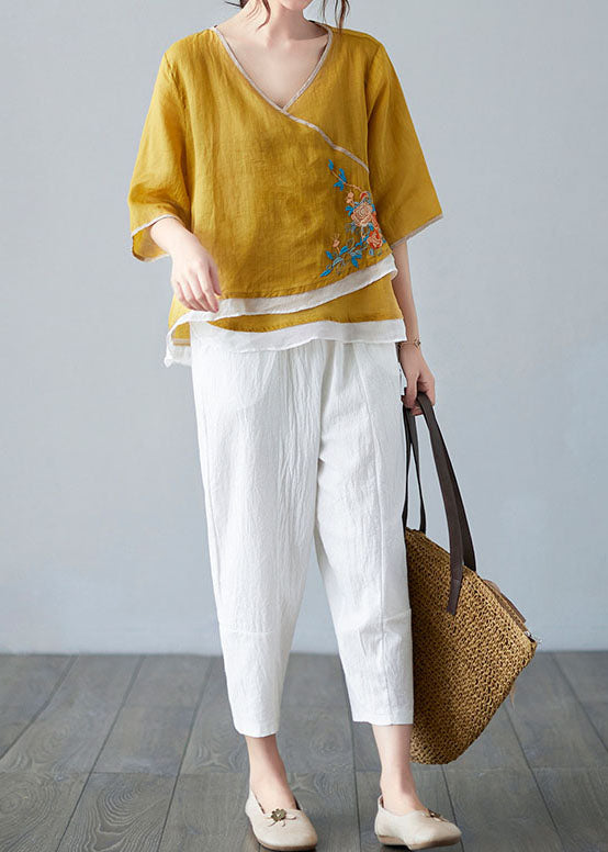 French White Bamboo V Neck Asymmetrical Design Shirt Spring