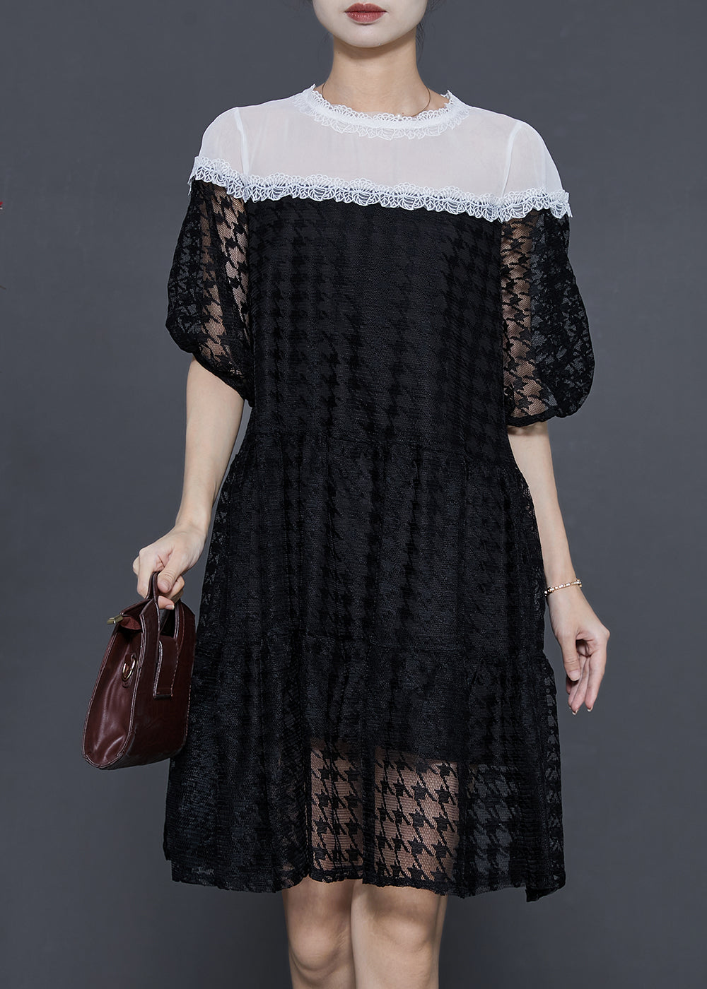 Black Puff Sleeve Patchwork Chiffontulle Maxi Dress Summer