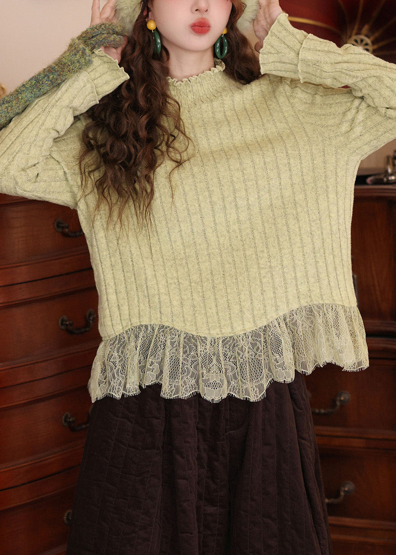 Blue Ruffled Lace Patchwork Knit Top Spring