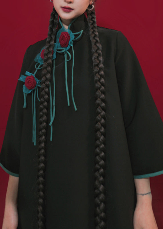 Handmade Black Stand Collar Asymmetrical Top Long Sleeve