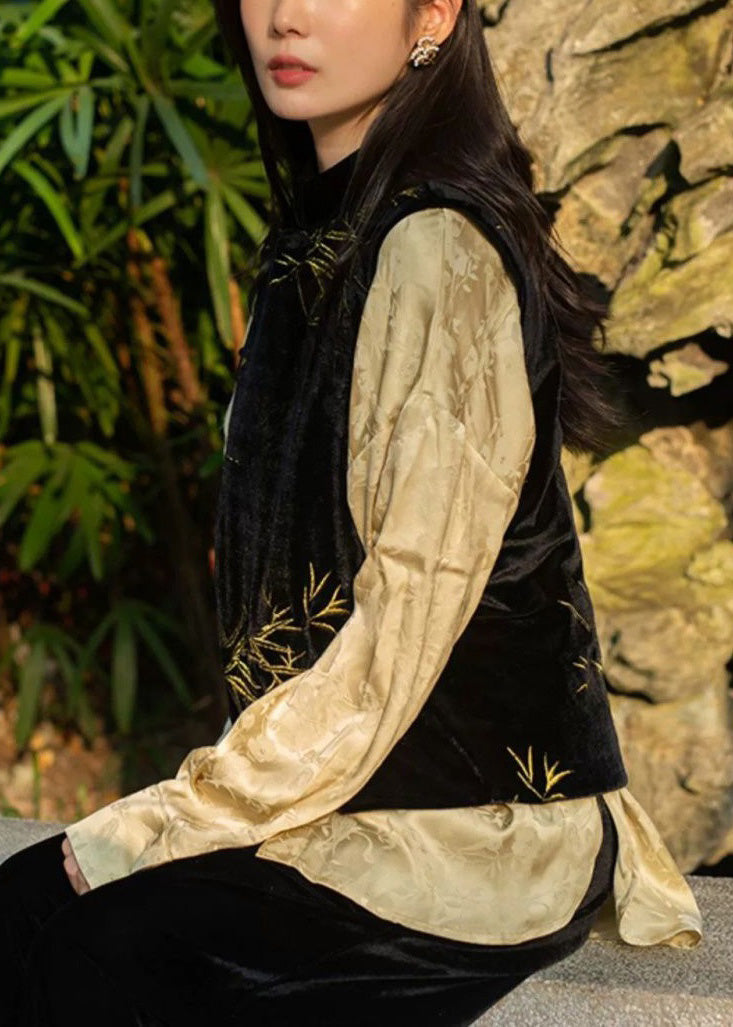 Black Stand Collar Embroideried Button Velour Waistcoat Sleeveless