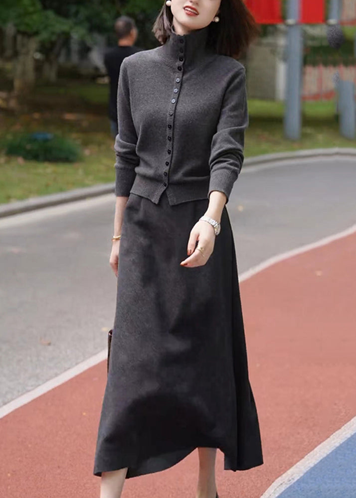 Dark Grey Stand Collar Cotton Knit Cardigans and Maxi Skirts Two Piece Set Winter