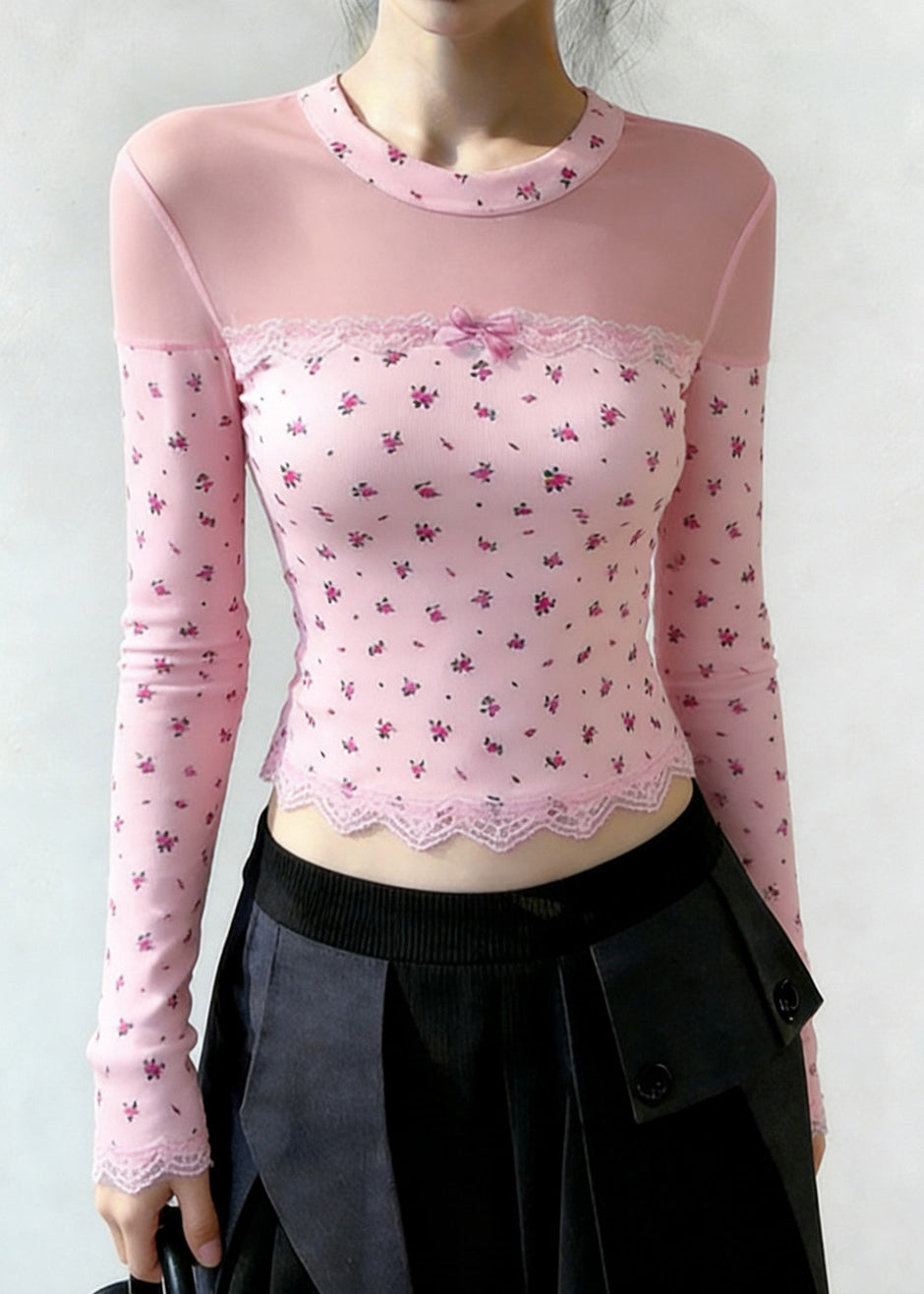Pink Print Patchwork Tulle Shirt Tops Spring