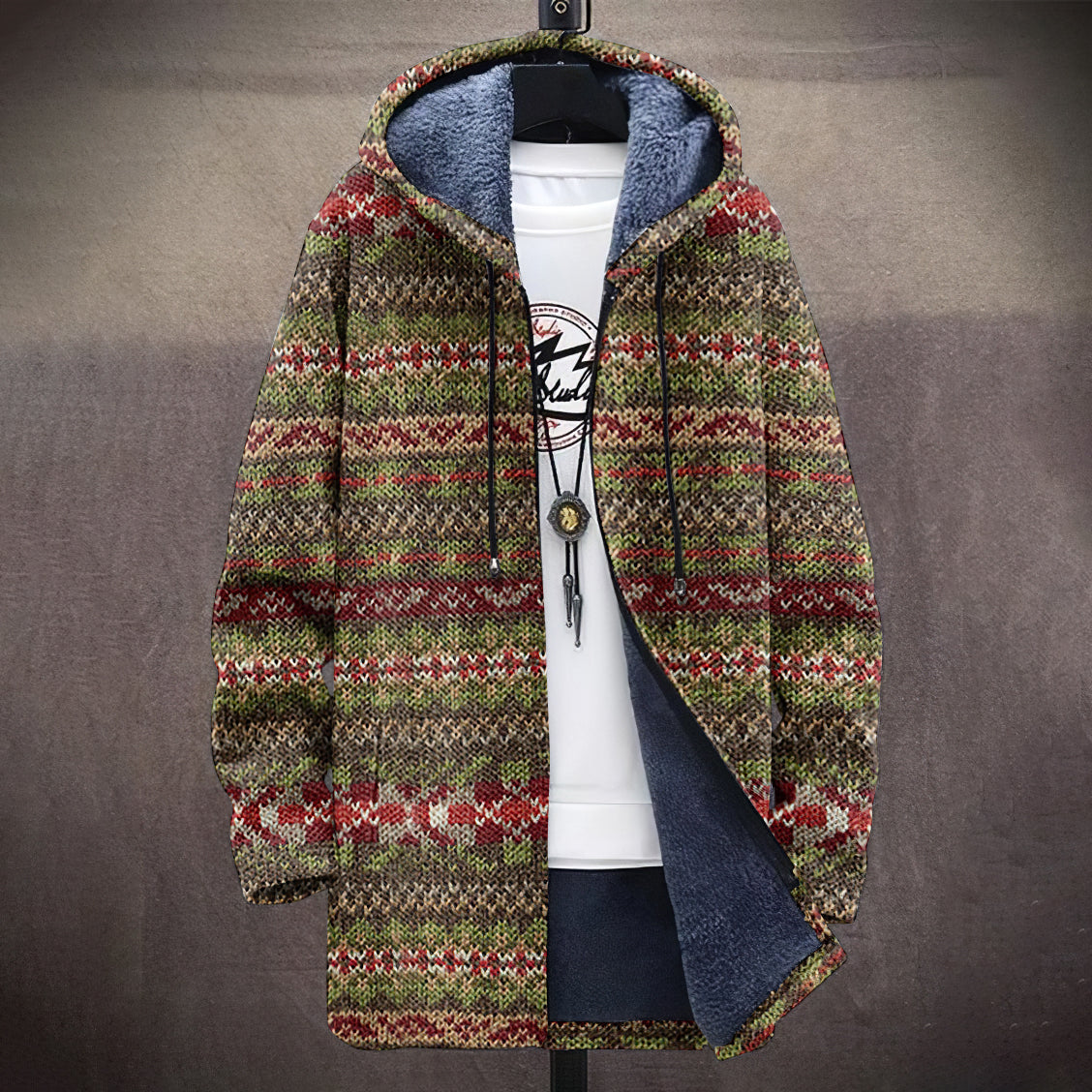 Men's Vintage Tribal Iceland Knitted Cozy Plush Hooded Coat elevenforest