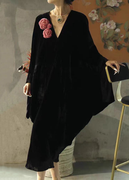 New Orange V Neck Silk Velour Dress Spring