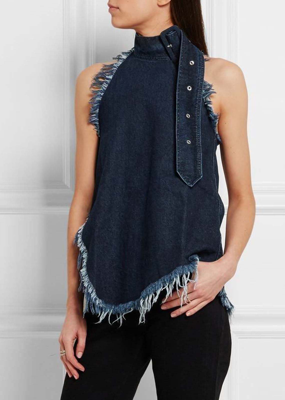 Navy Stand Collar Tassel Denim Vests Sleeveless