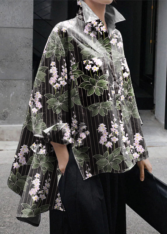 Natural Yellow Flower Peter Pan Collar Low High Design Button Pockets Cotton Shirts Long Sleeve Fall