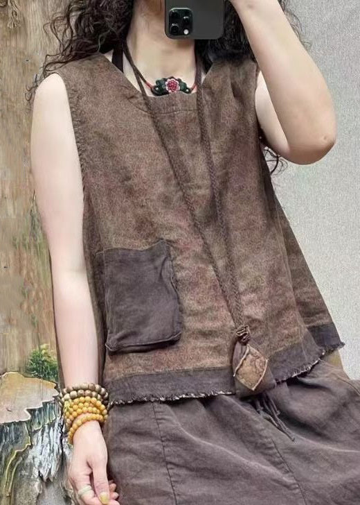 Blue O-neck Print Pockets Linen Waistcoat Sleeveless