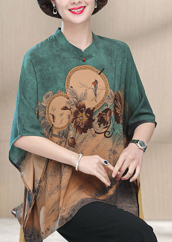 Green O-neck Print Button Silk Top Half Sleeve