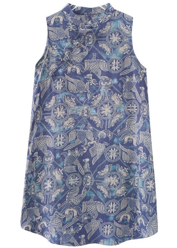 Loose Blue Print Oriental Summer Cotton Dress