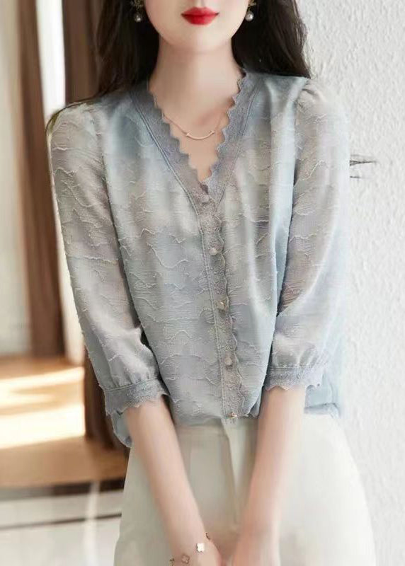 Light Blue V Neck Button Cotton Shirt Tops Half Sleeve