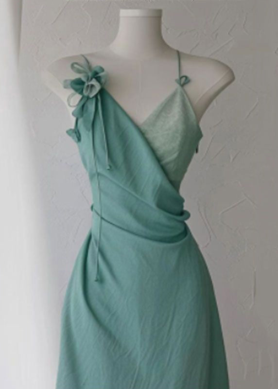 New Green V Neck High Waist Cotton Spaghetti Strap Dress Sleeveless Summer