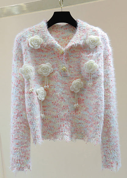 Light Blue Peter Pan Collar Tassel Thick Cotton Knitted Sweater Winter