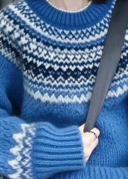 Blue O-neck Print Thick Cotton Knit Sweater Lantern Sleeve