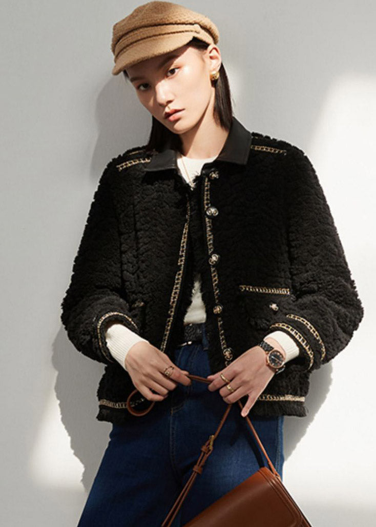 Diy Black Peter Pan Collar Patchwork Button Thick Faux Fur Coat Winter