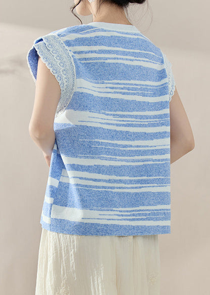 Modern Blue O-neck Lace Patchwork Knit Tops Summer