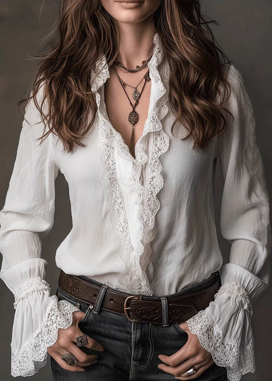 White V Neck Lace Patchwork Cotton Shirts Spring