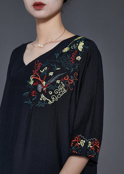 Black Embroidered Oversized Linen Dress Summer