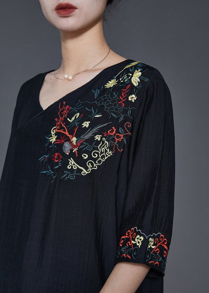 Black Embroidered Oversized Linen Dress Summer