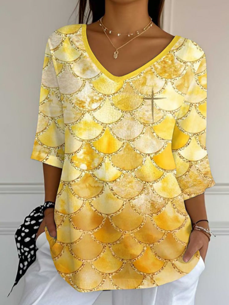 Women's Yellow Gradient V-neck Printed Long Top artswardrobe