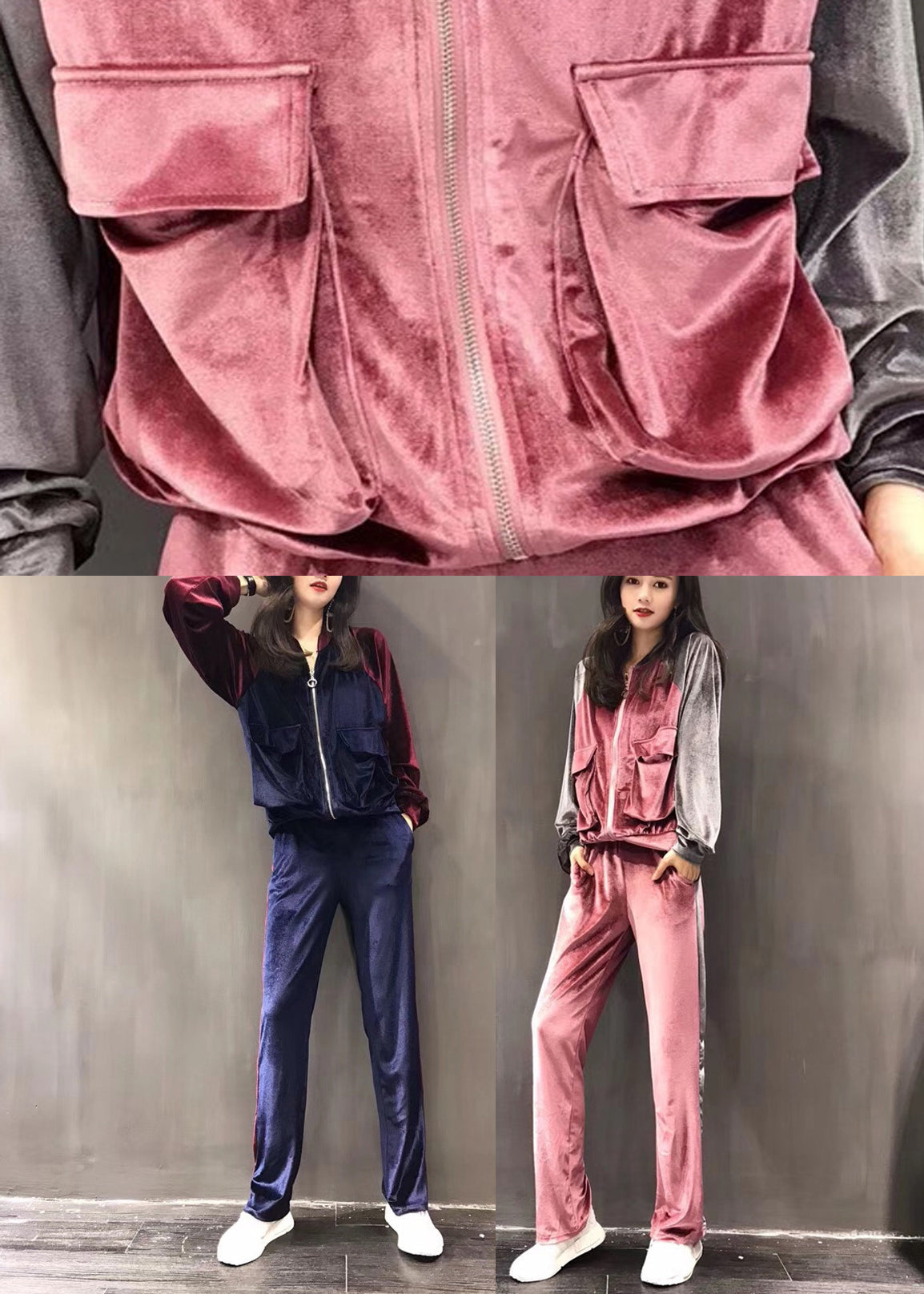 Purple Stand Collar Silk Velour Coats and Wide Leg Pants Two Pieces Set Fall