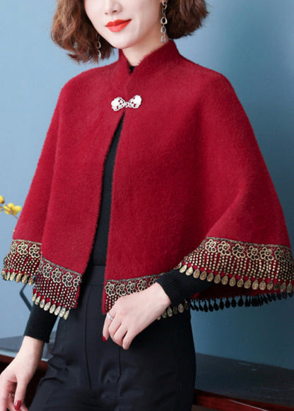 Wine Red Stand Collar Tasseled Button Patchwork Mink Velvet Coats Fall