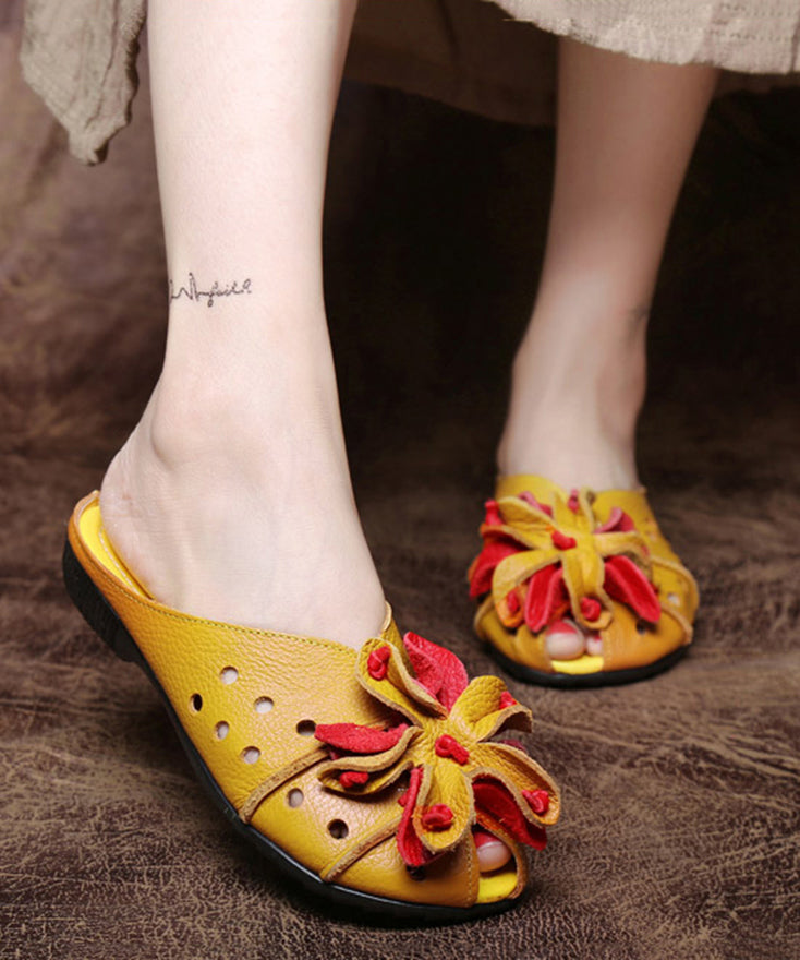 Yellow Flower Hollow Out Cowhide Leather Flip Flops