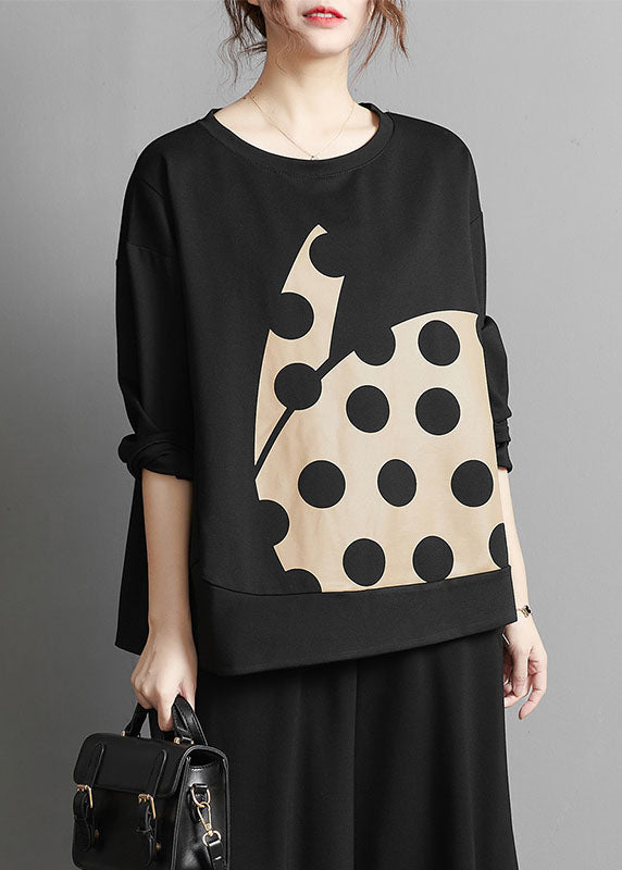 Art Black O-neck Dot Print Patchwork T Shirt Fall