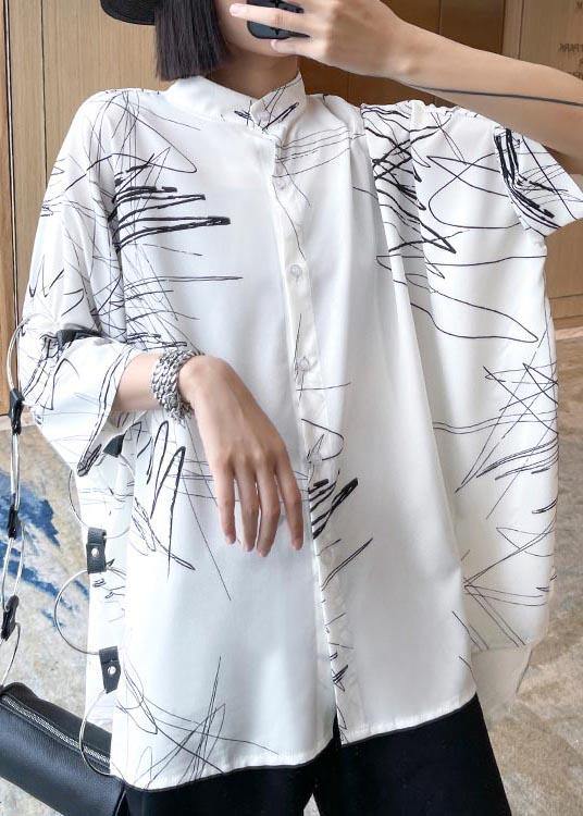 White Print Button Low High Design Cotton Blouses Fall