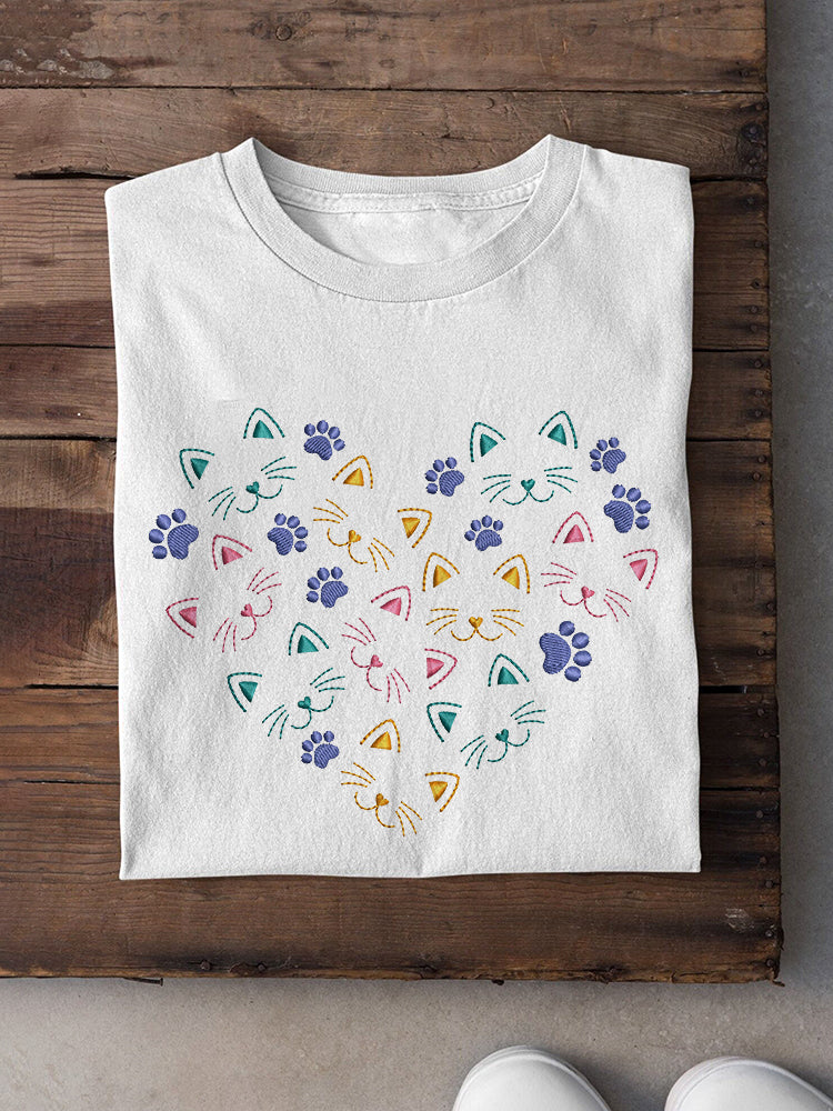 Cute Cat Embroidery Pattern Casual Cotton Short Sleeve T-Shirt elevenforest